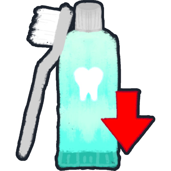 a grey toothbrush and a teal tube of toothpaste with a white tooth picture on it, with a grey cap. next to it A red arrow points down.